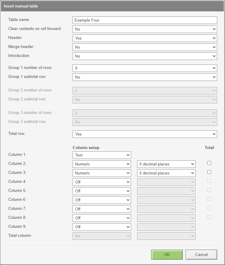 Image shows settings of manual table. Group 1 has 9 rows and no subtotals. A grand total has been selected.